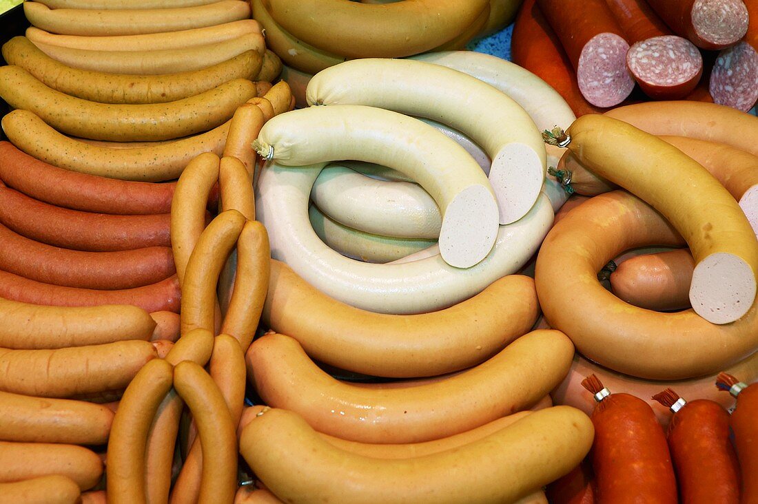 Various sausages, elevated view, close-up