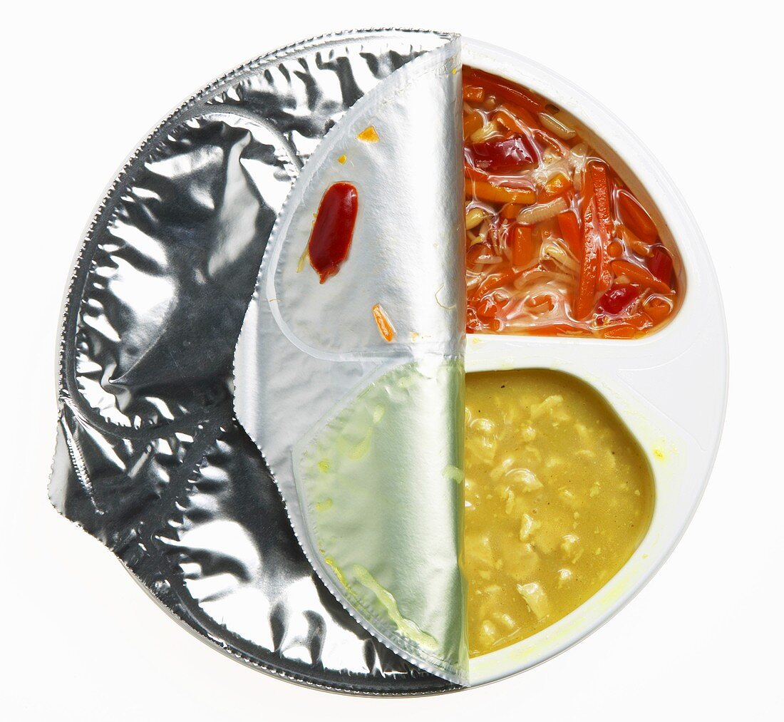 Packaged curry chicken and vegetables, convenience product