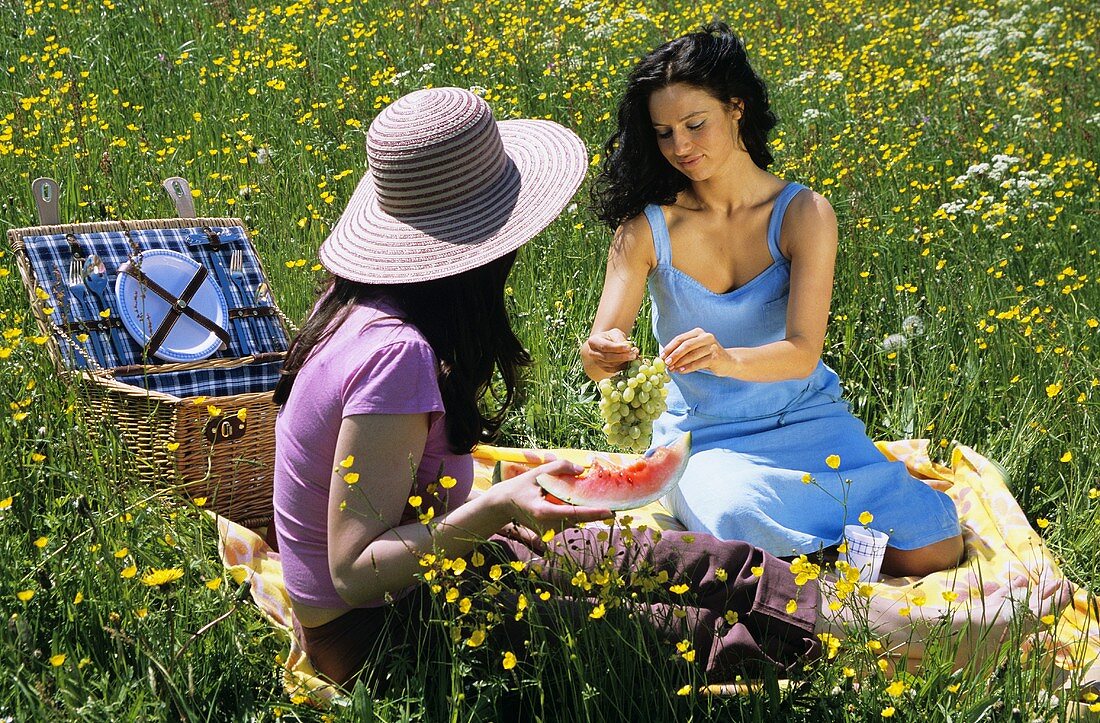Zwei Frauen essen Obst beim Picknick
