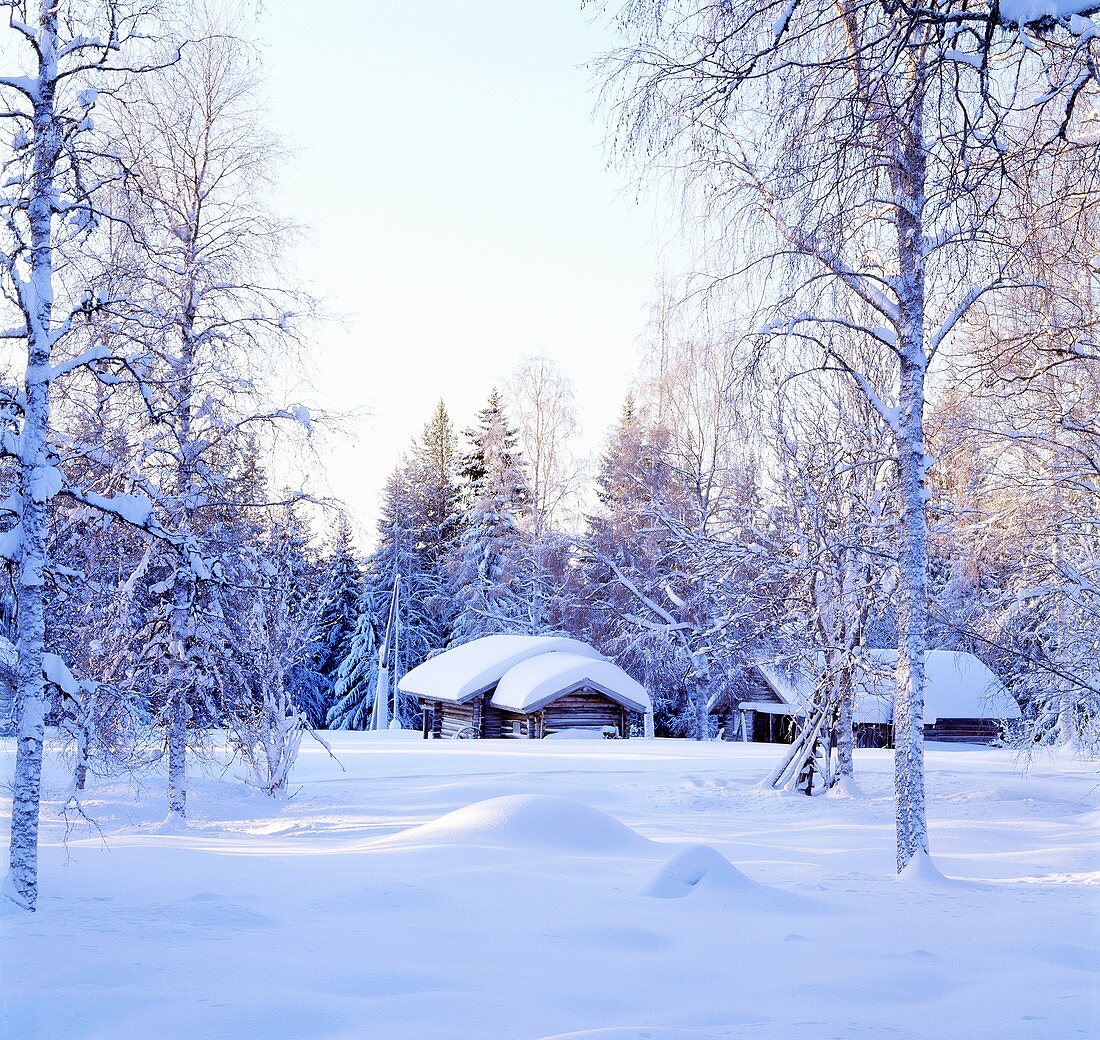 Schneebedeckte Hütten in Winterlandschaft