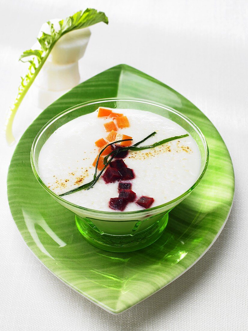 Cream of radish soup with diced vegetables