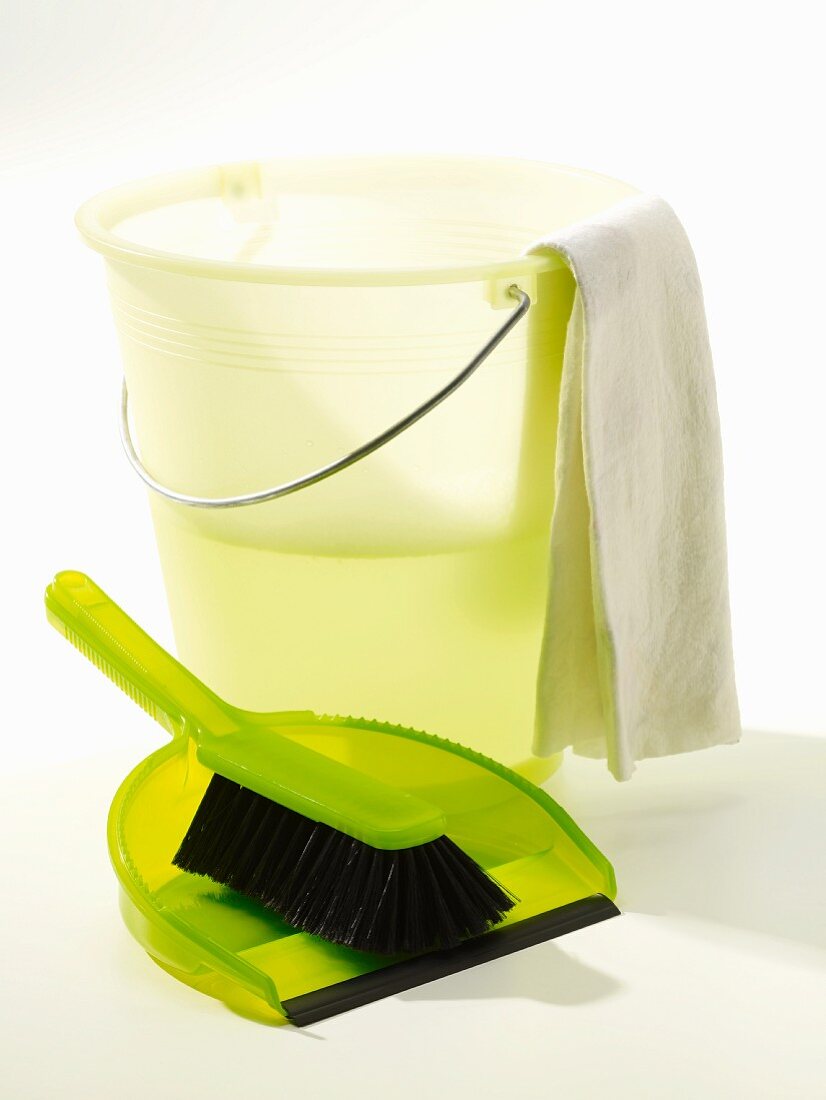 Cleaning bucket, dustpan and brush