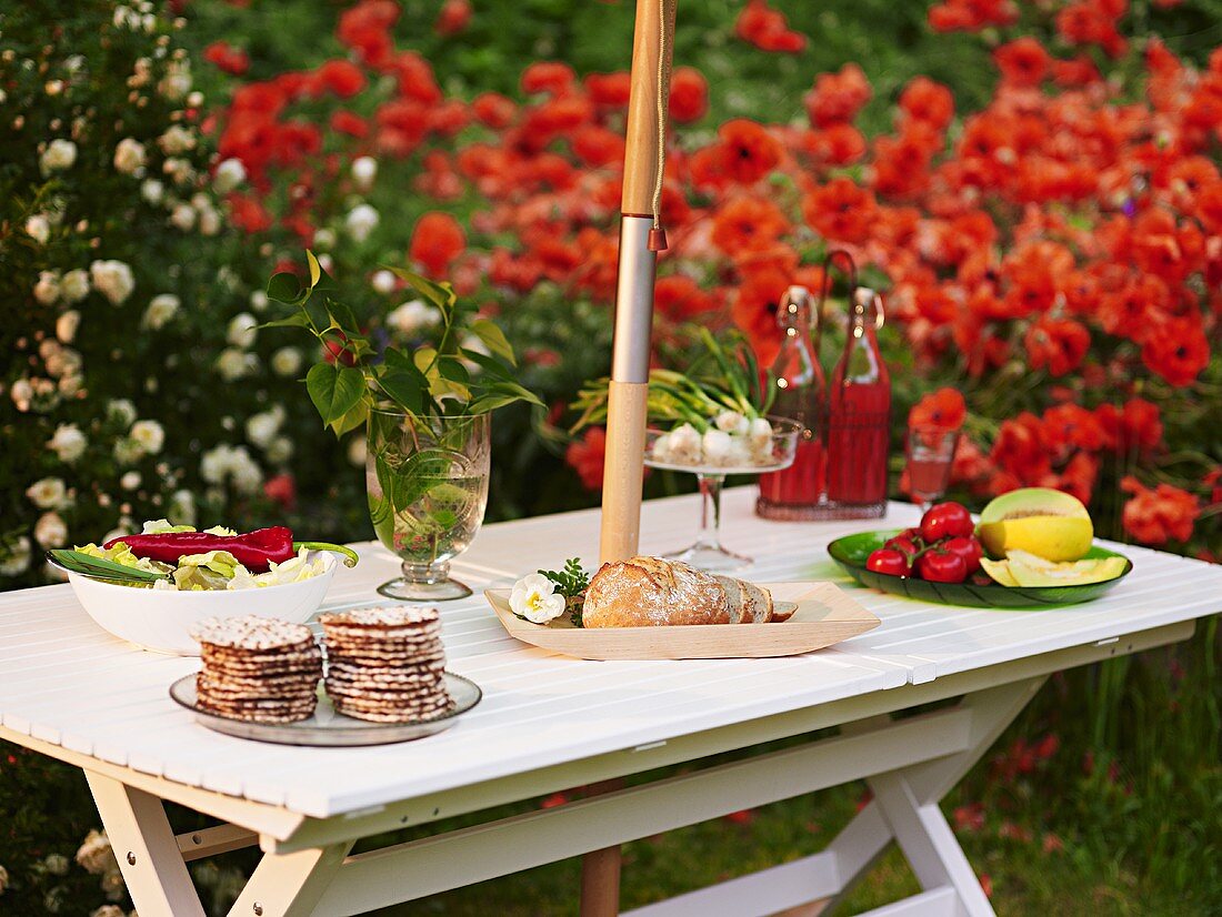 Gedeckter Tisch im Garten mit Salat, Brot, Gemüse und Crackern