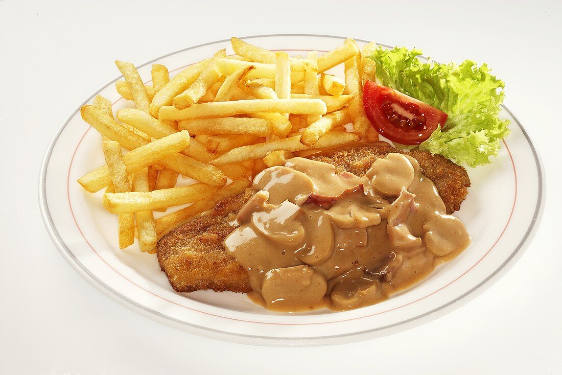 Pork escalope with chips and mushroom sauce