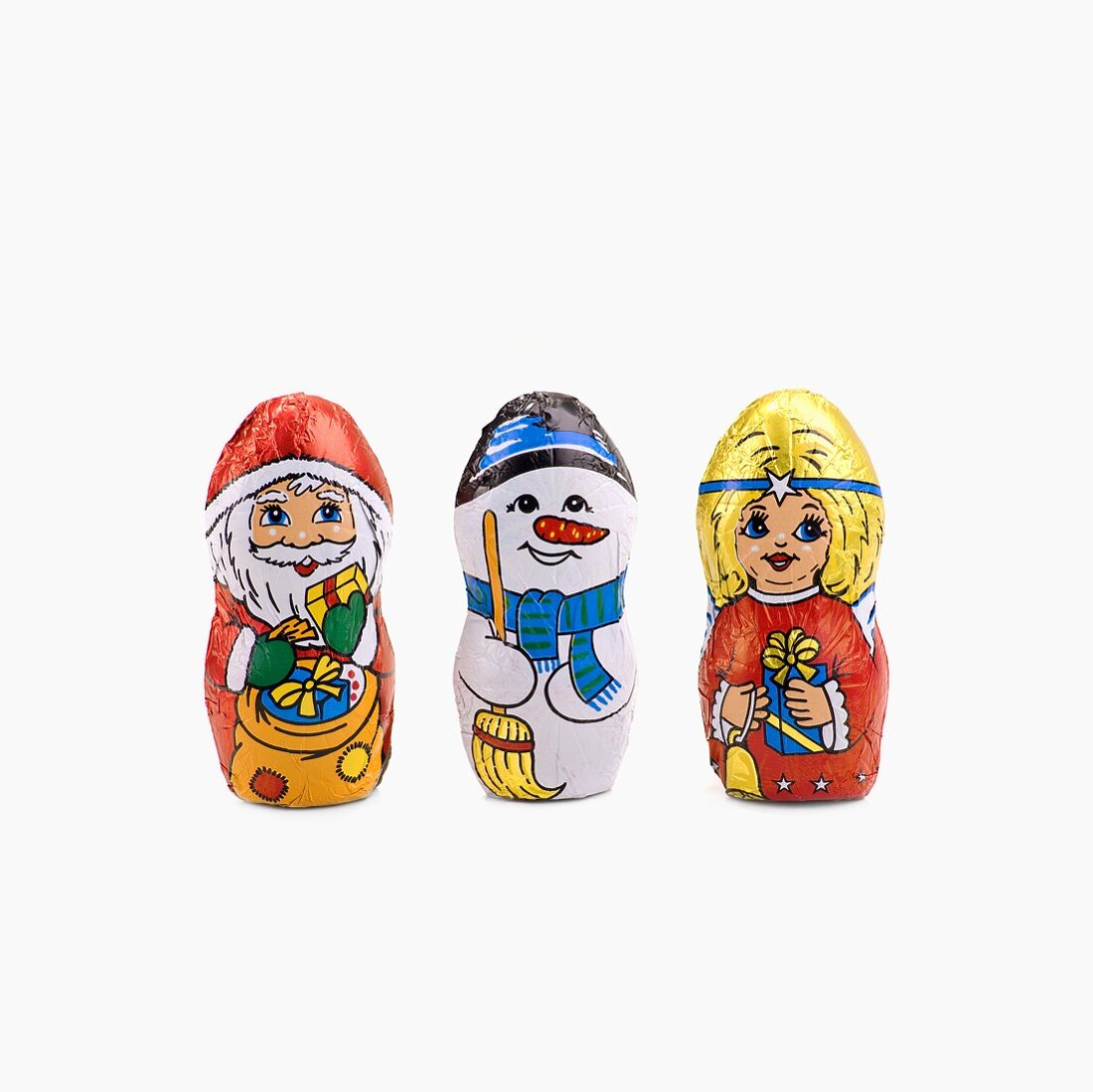 Weihnachtliche Schokoladenfiguren (Nikolaus, Schneemann, Christkind)