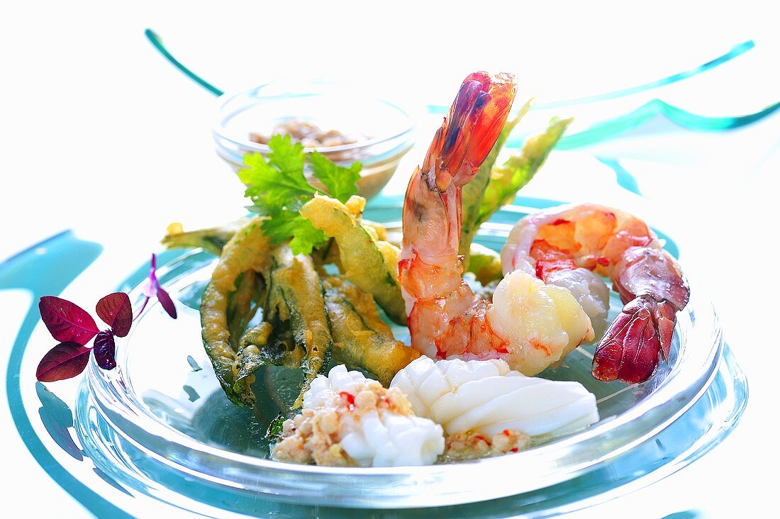 Plate of seafood with pork tempura