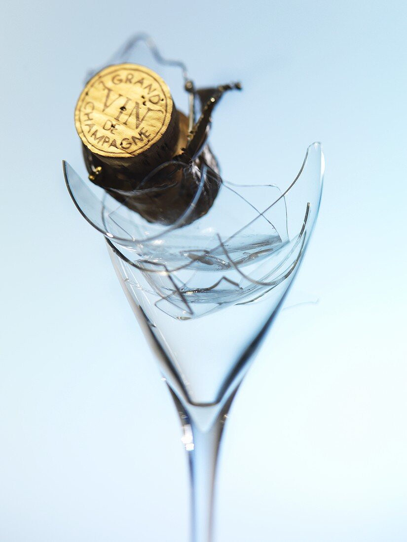 Champagnerkorken auf zerbrochenem Sektglas