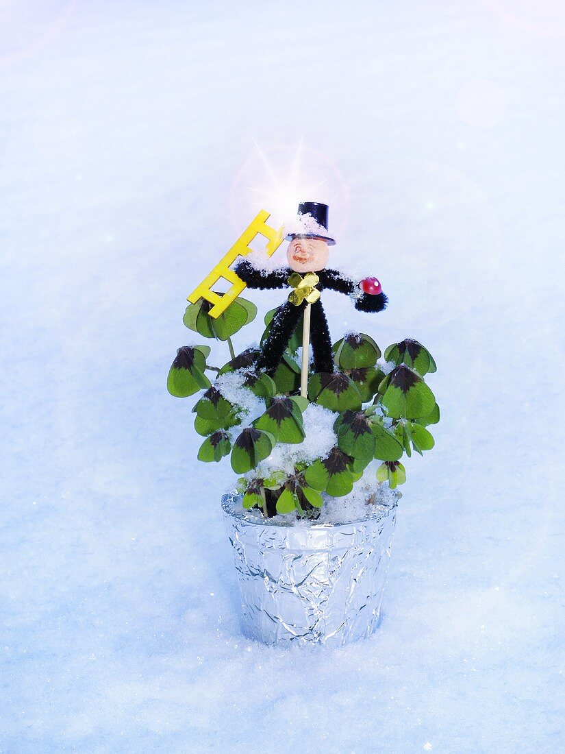 Blumentopf mit Glücksklee und Rauchfangkehrer im Schnee
