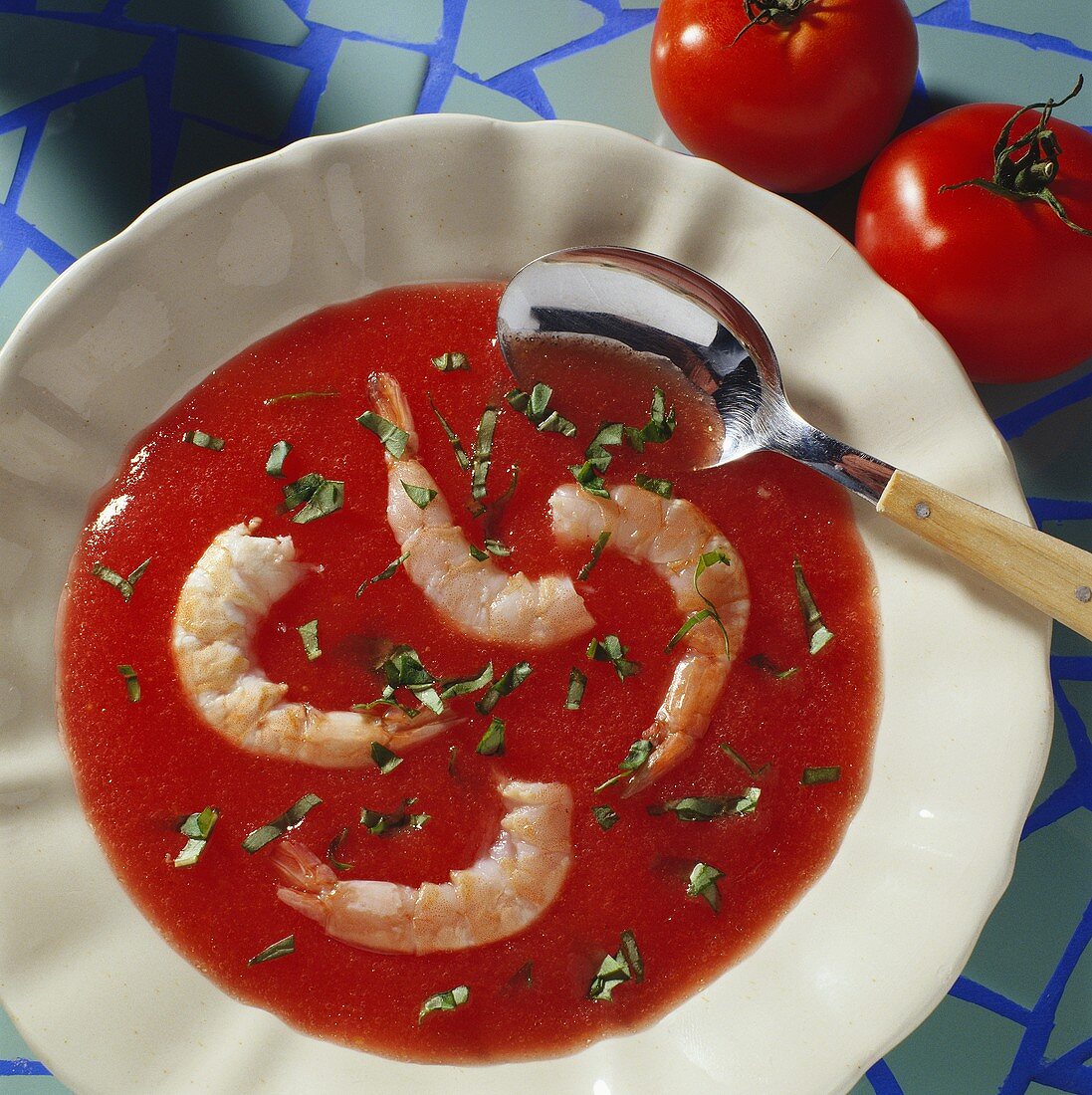 Cold Tomato Soup with Shrimp & Basil