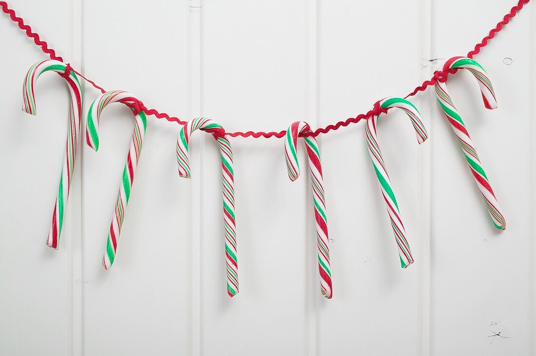 Several candy canes hanging on red ribbon