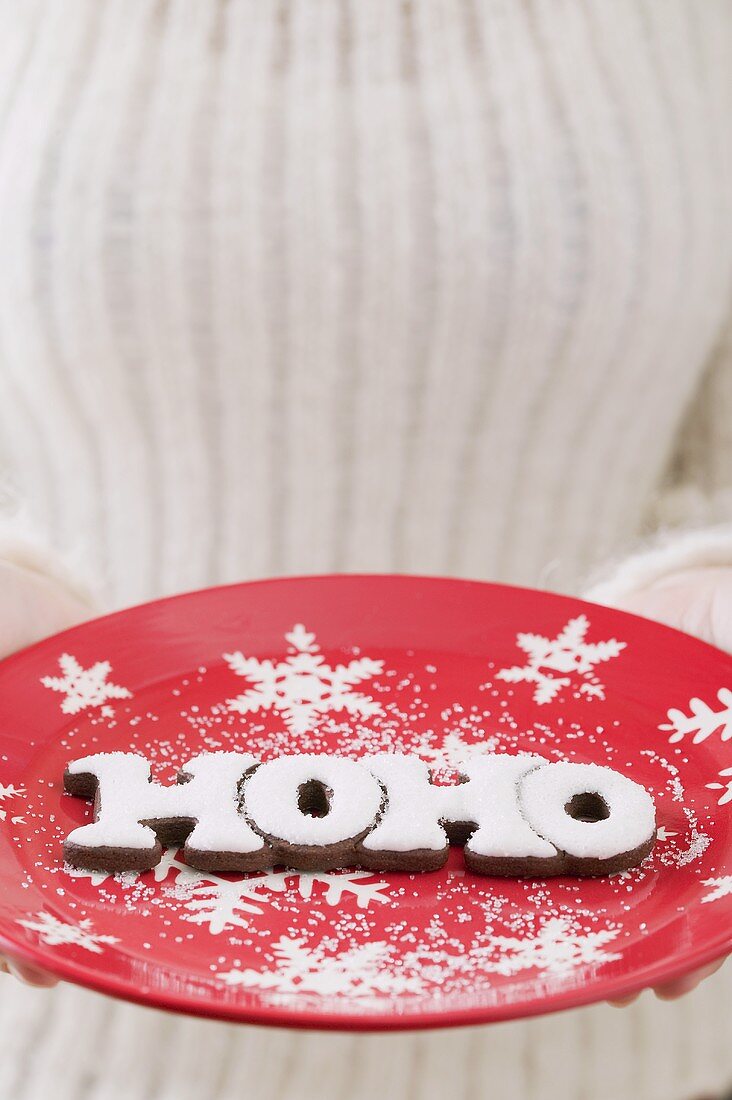 Hands holding festive plate with the word HOHO