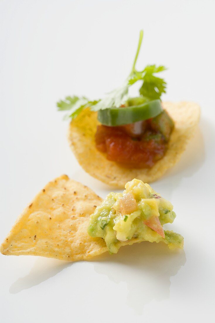 Guacamole on nacho, salsa on tortilla chip