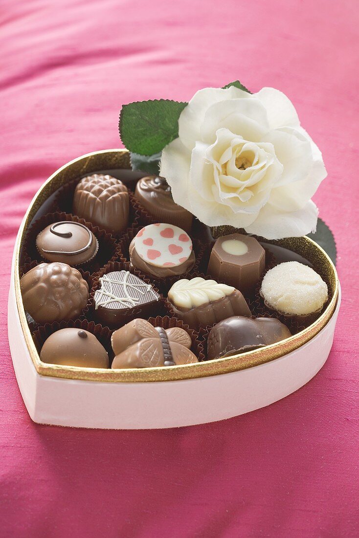 Chocolates in heart-shaped box with white rose