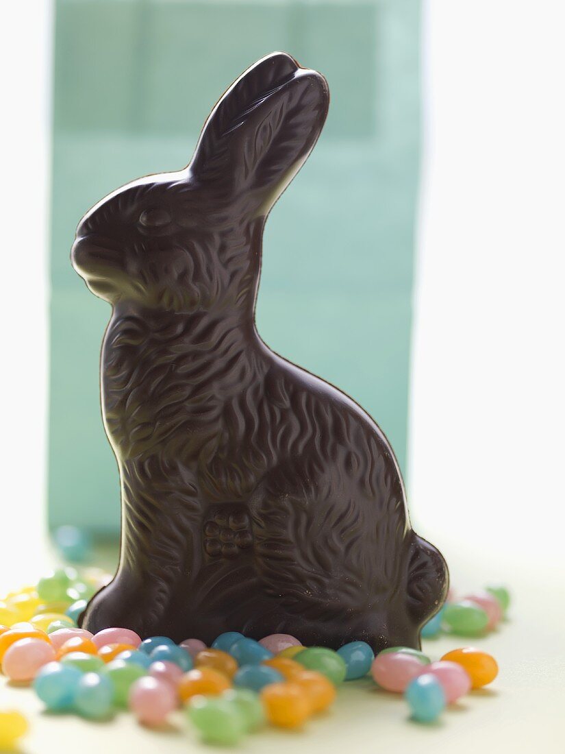 Chocolate Easter Bunny surrounded by jelly beans