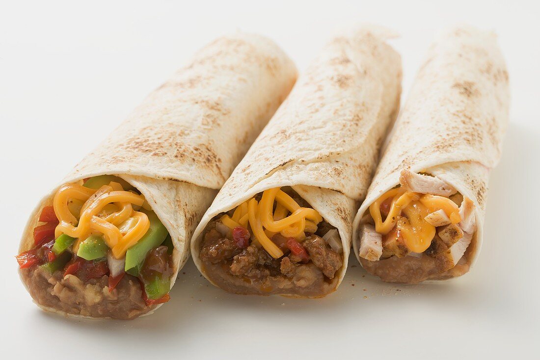 Drei verschiedene Burritos