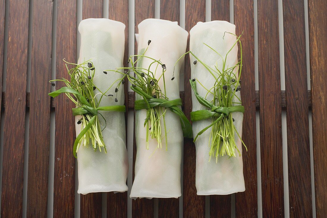 Three rice paper rolls from above (Asia)