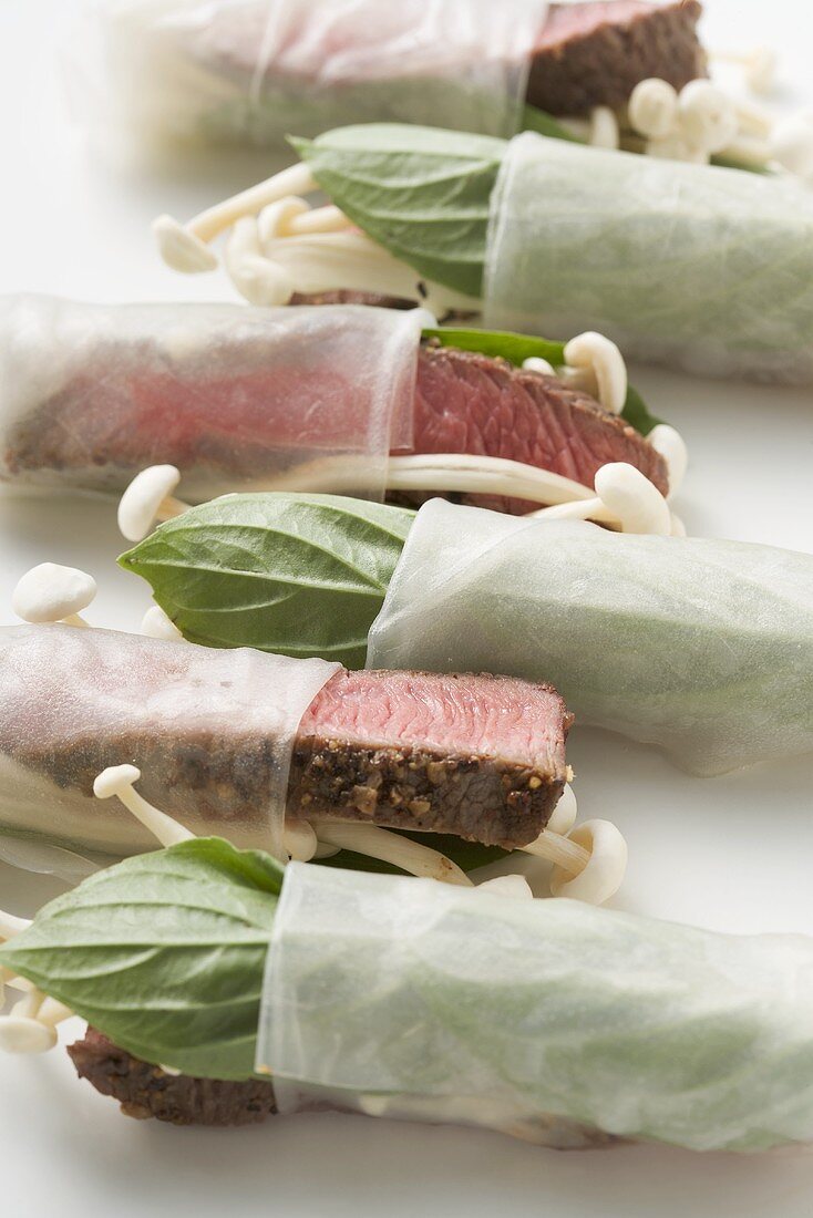 Rice paper rolls filled with beef and mushrooms (Asia)