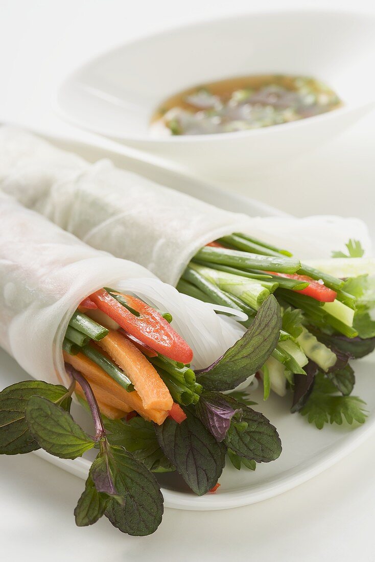 Reispapierröllchen mit Gemüse, Glasnudeln, Kräutern, Sauce