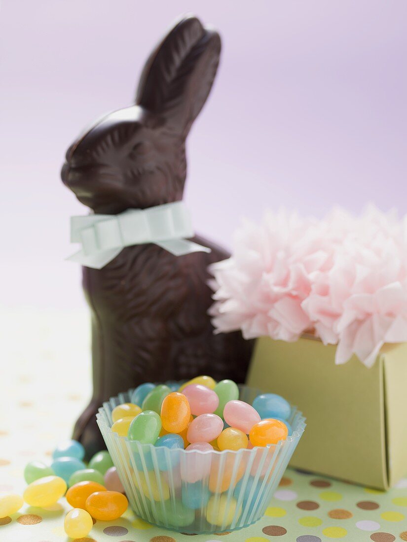 Chocolate Easter Bunny, coloured sugar eggs & Easter gift