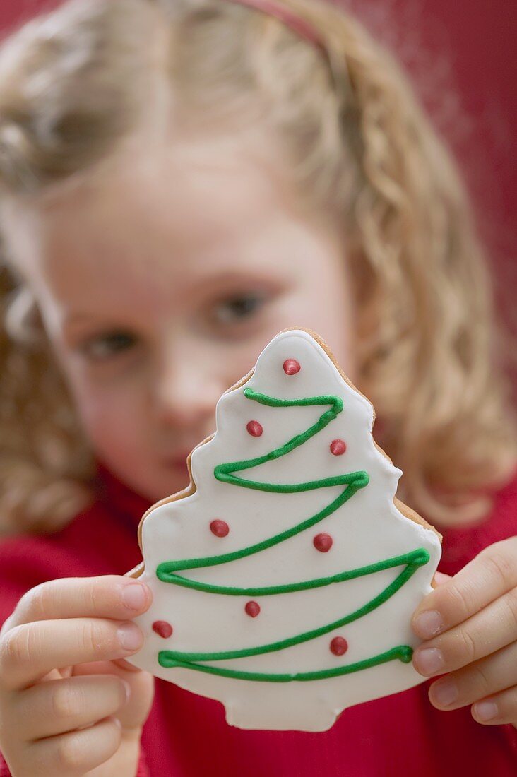 Small girl holding Christmas biscuit