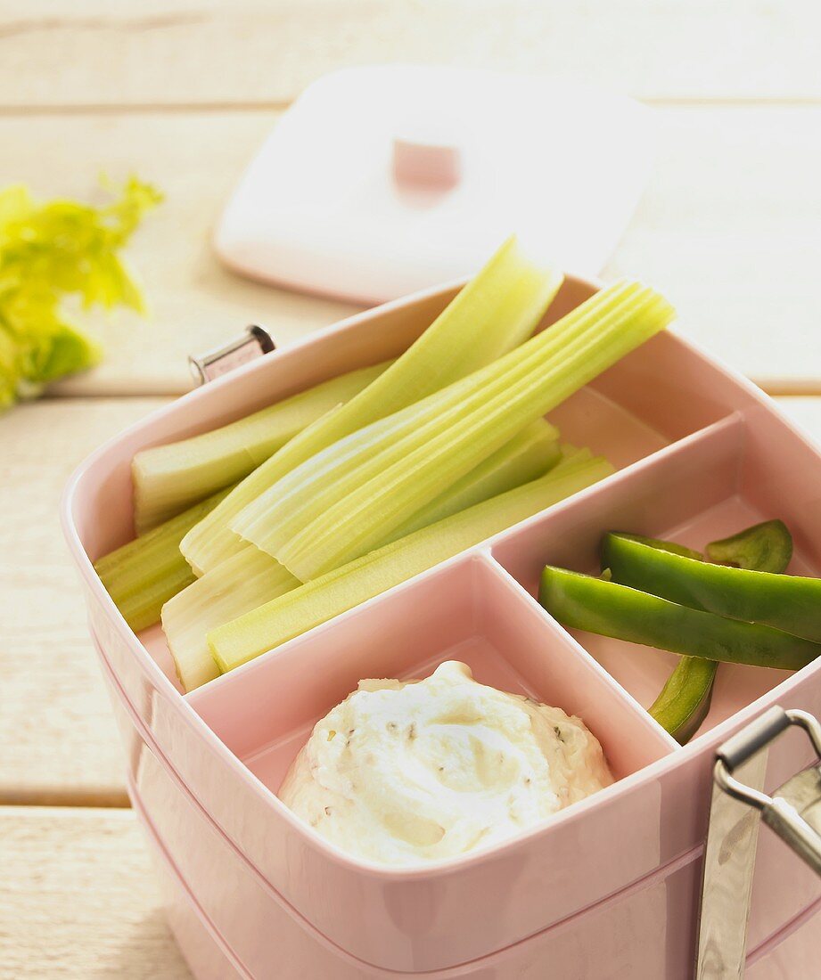 Lunchbox mit rohem Gemüse und Dip