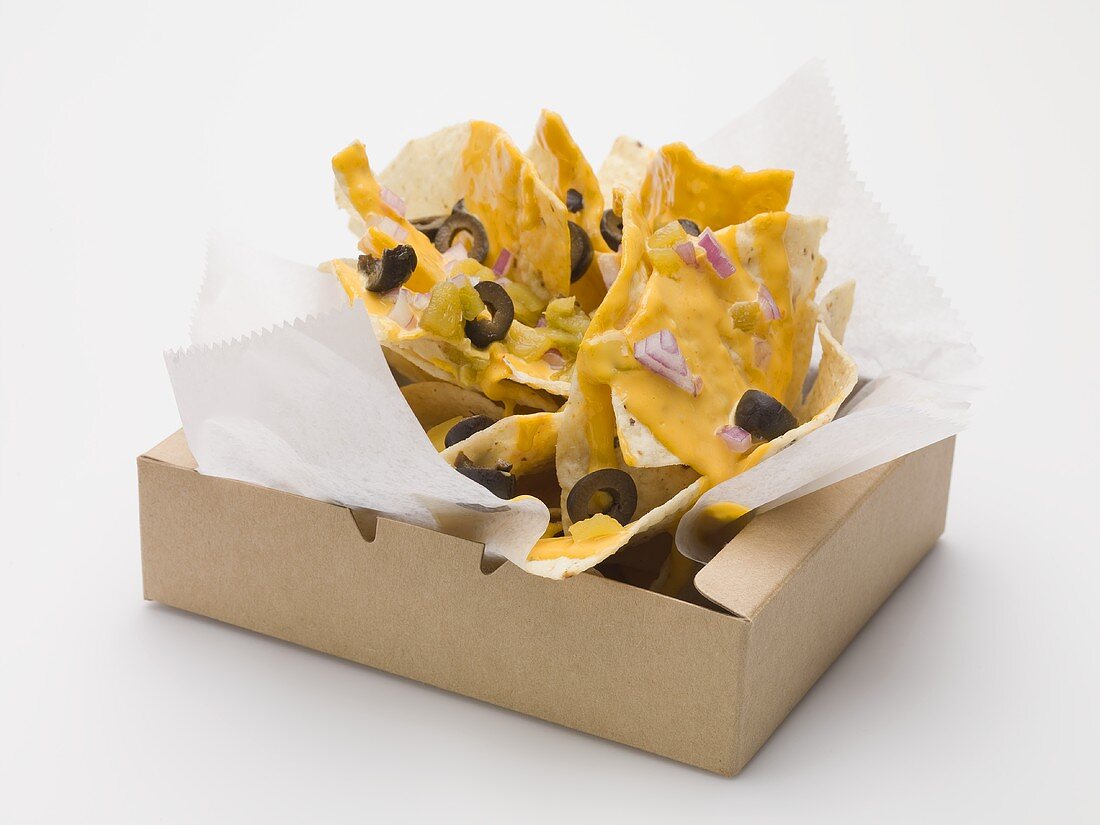 Tortilla chips with cheese, olives and onions to take away