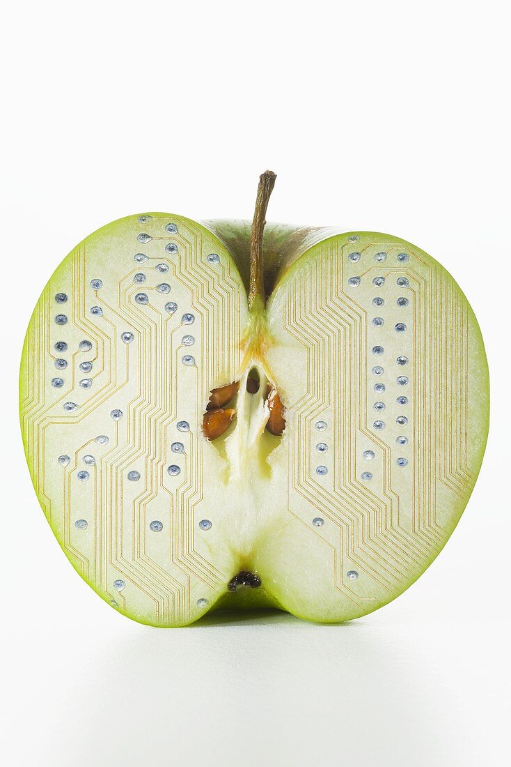 Half an apple with electronic circuit