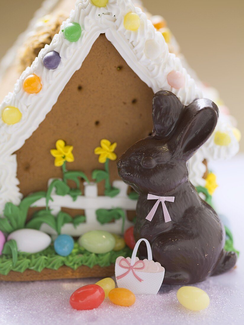 Gingerbread house for Easter and chocolate Easter Bunny