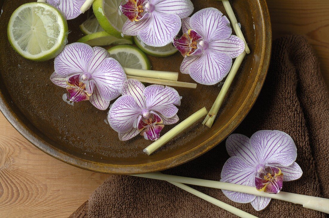Orchids, lemon grass and lime slices in bowl of water