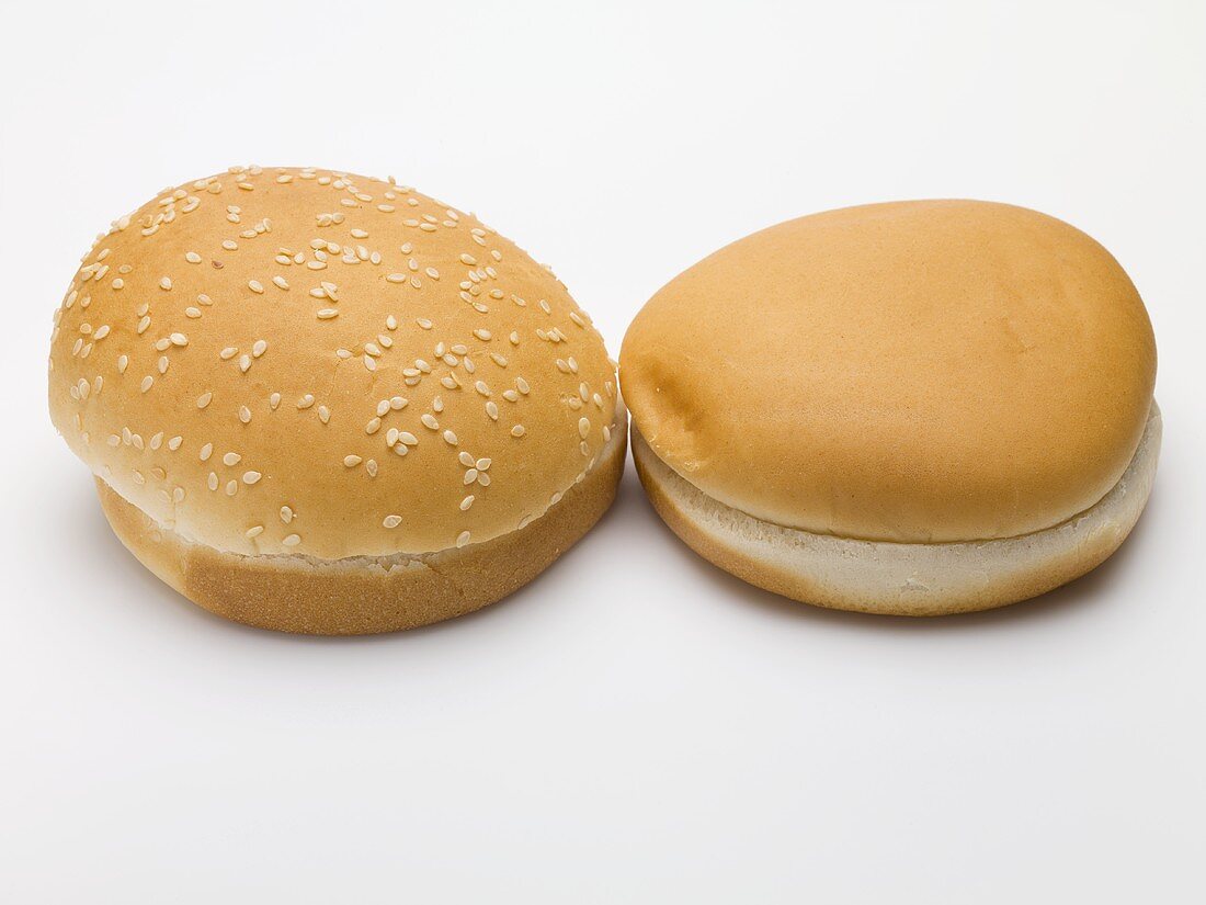 Two hamburger buns (with and without sesame seeds)