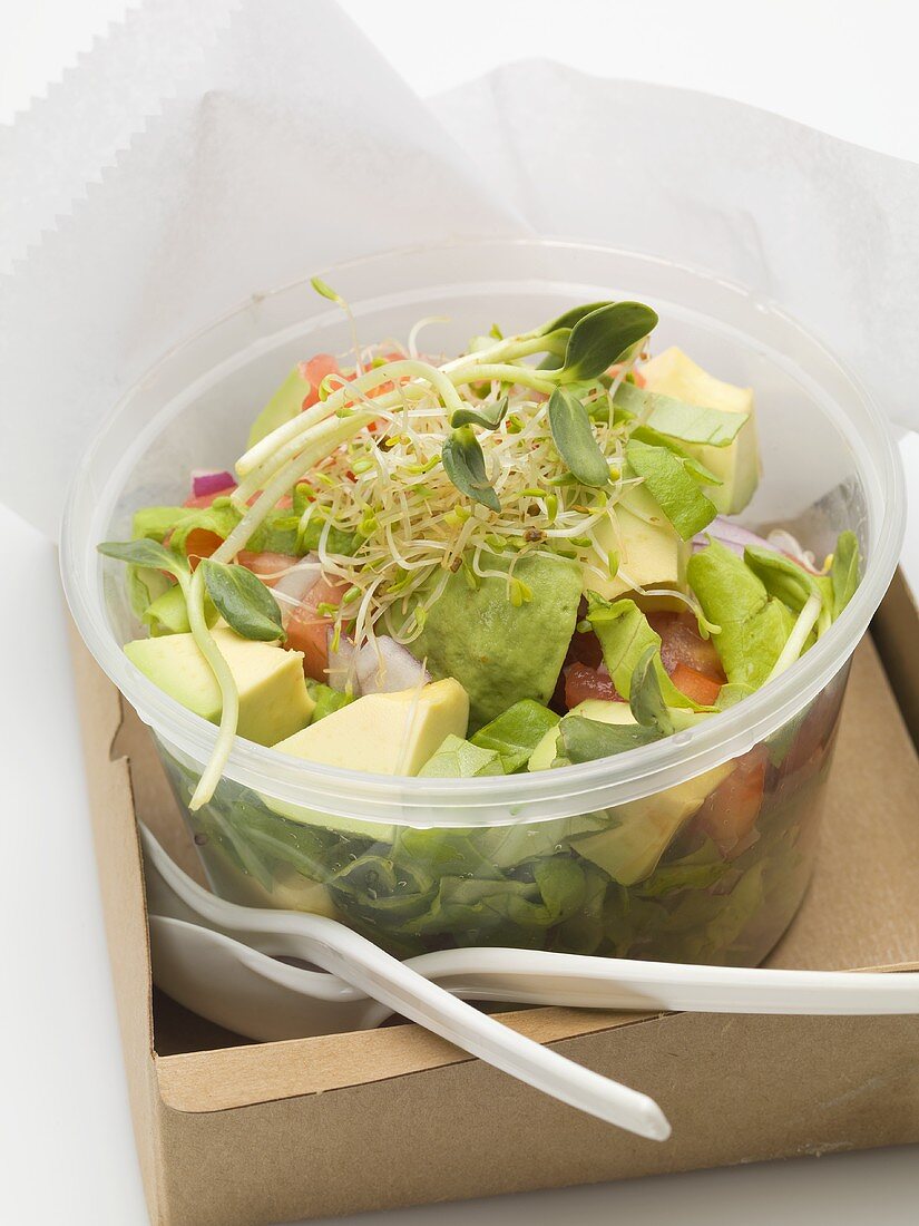 Avocado salad with sprouts in plastic container to take away