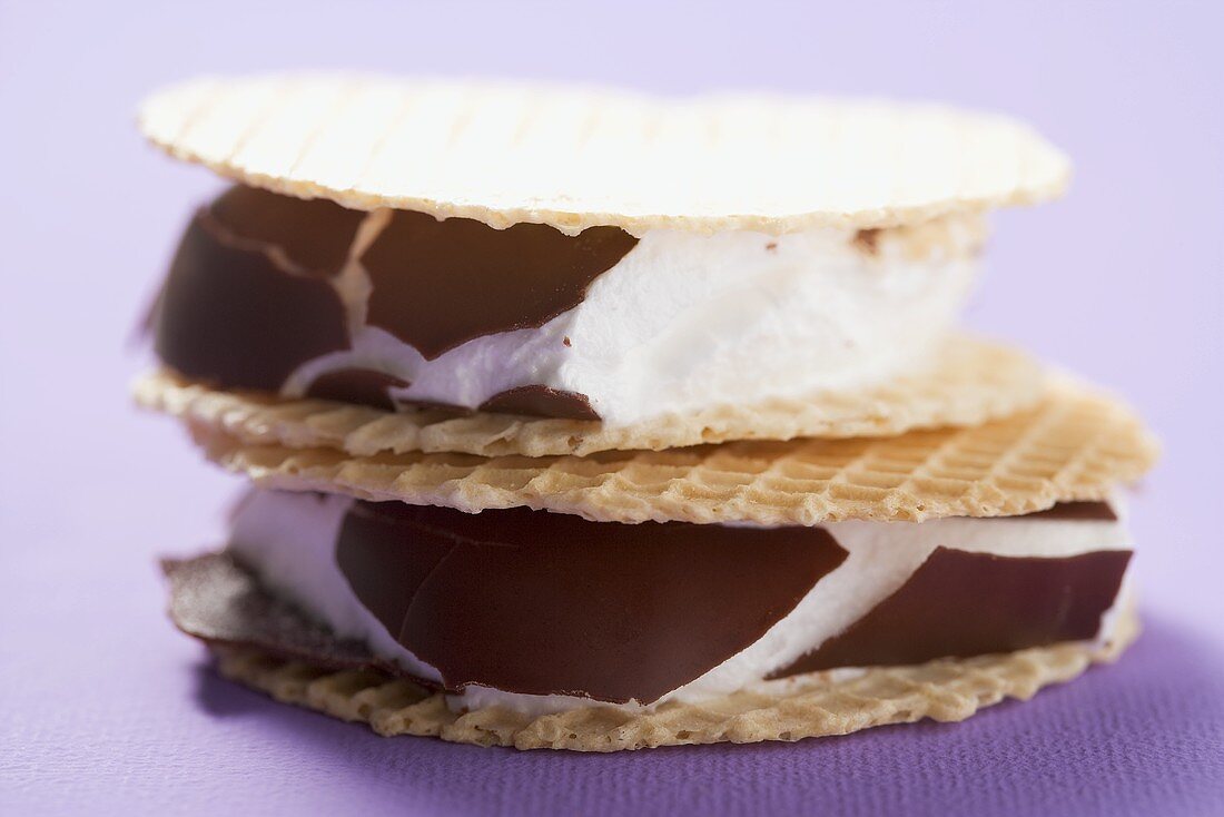 Chocolate-coated marshmallows sandwiched between wafers