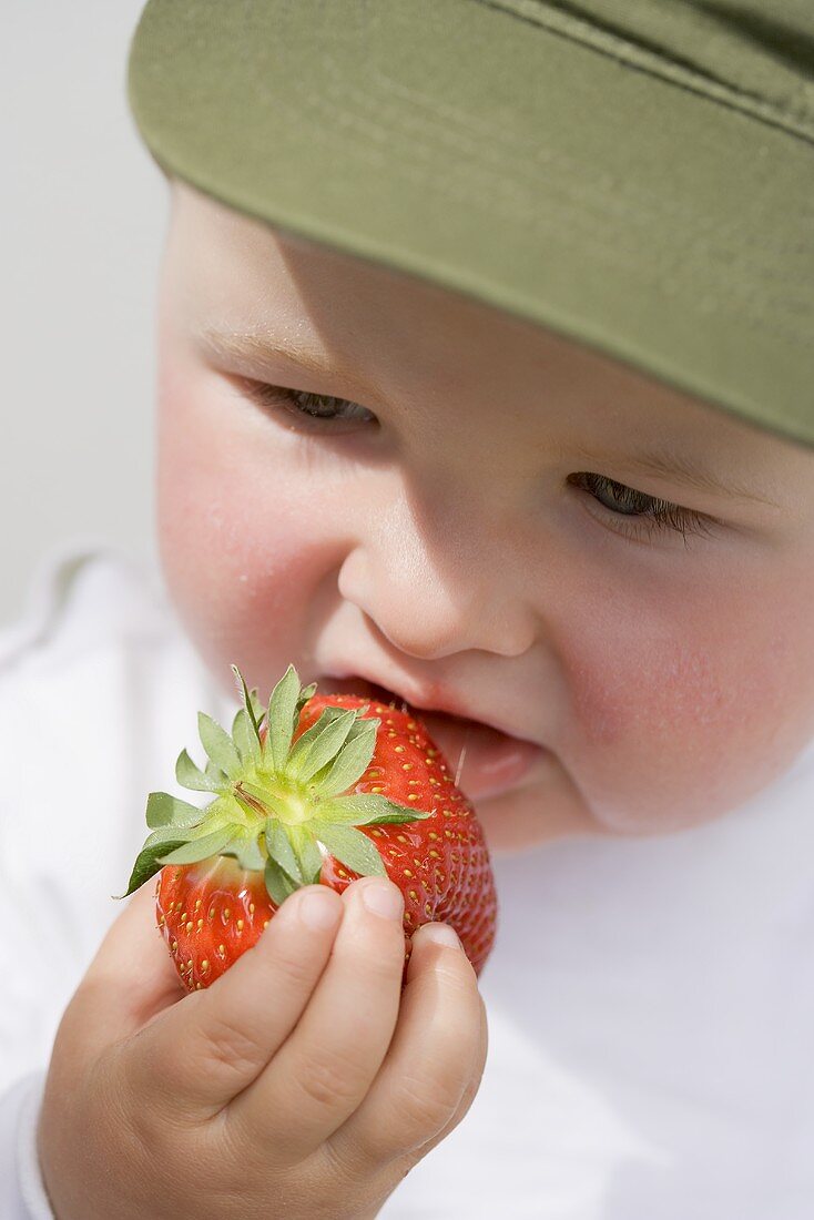 Baby eating a strawberry