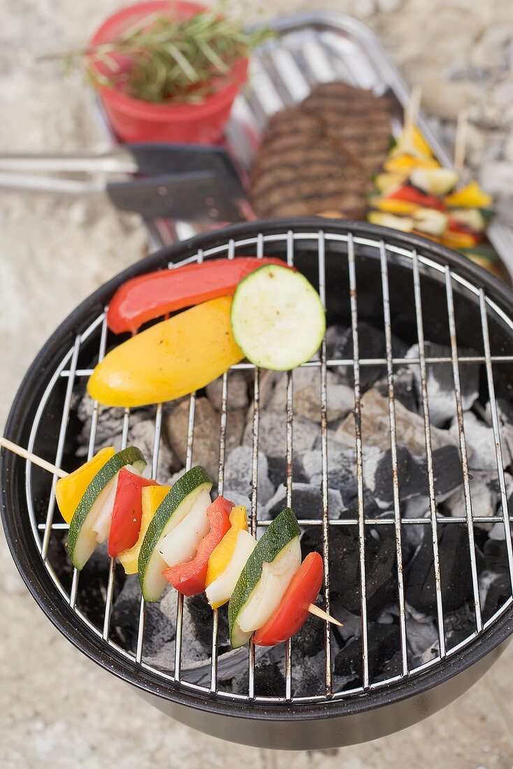 Vegetables on barbecue, meat and kebabs in dish