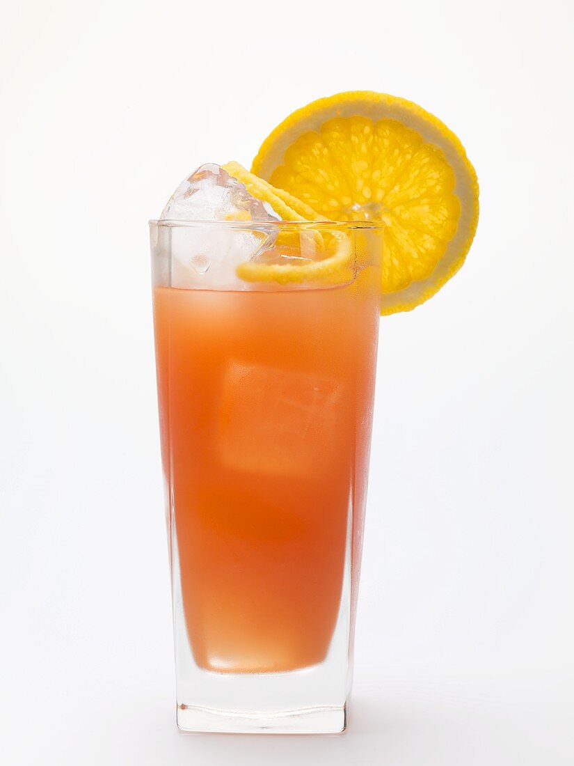 Blood orange drink with ice cubes