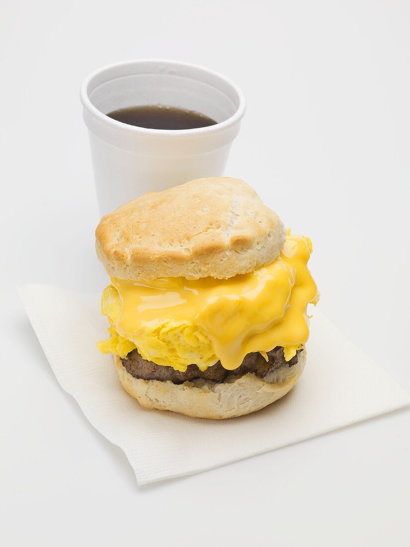 Biscuit mit Rührei, Käse und Bratwurst, Kaffeebecher