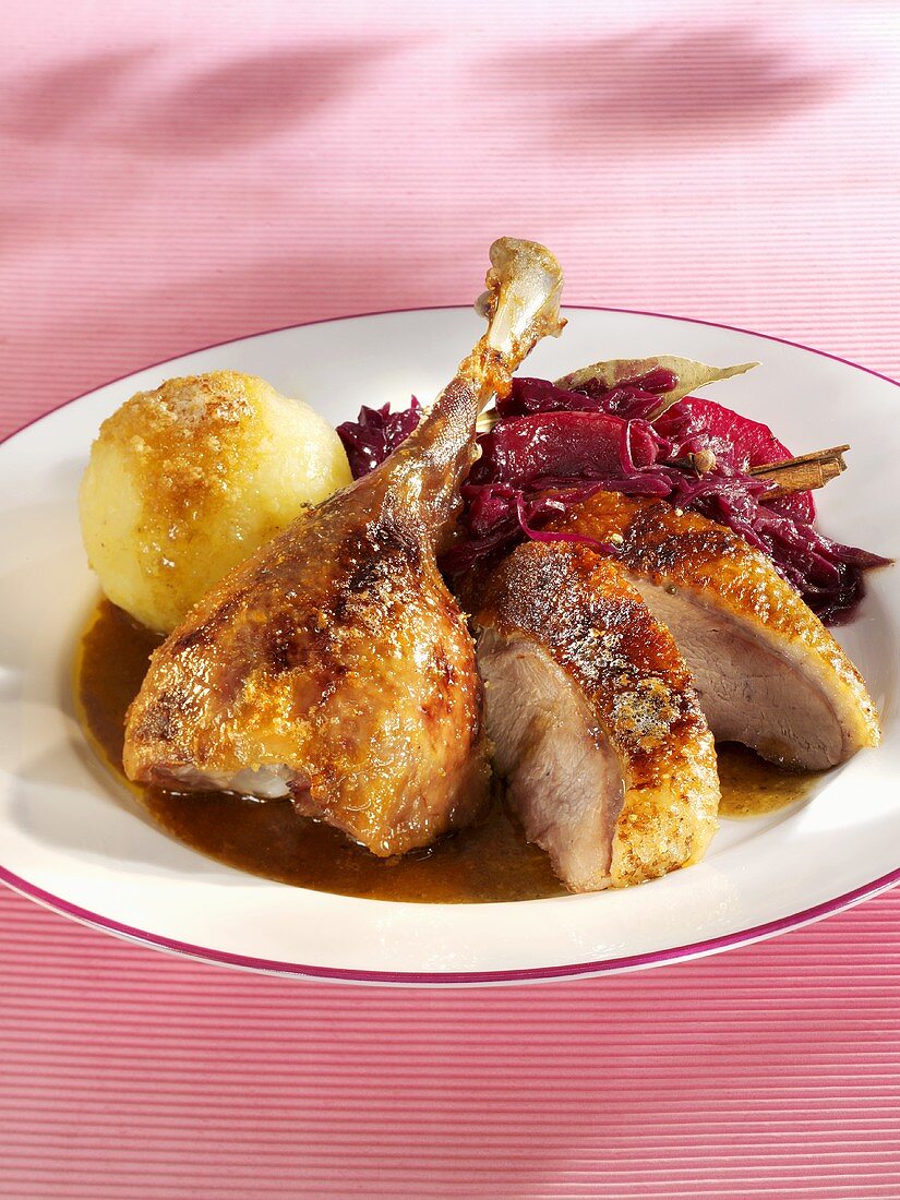 Roast goose with red cabbage and potato dumpling