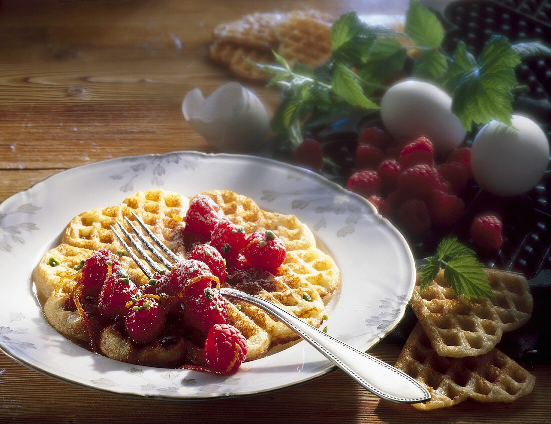 Waffle with raspberry compote