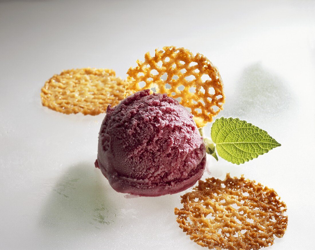 Elderberry quark ice cream and almond brittle
