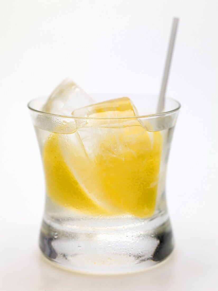 Vodka with lemon and ice cubes