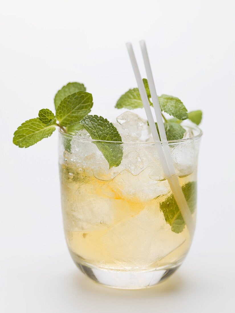 Mojito with mint, ice cubes and straws