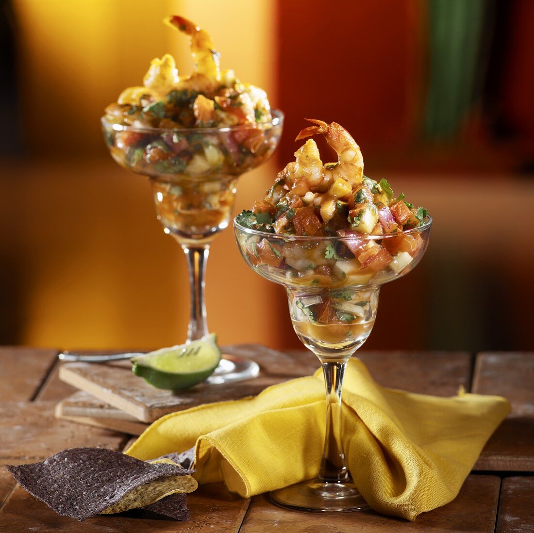 Lime Salsa in Margarita Glasses Topped with Shrimp