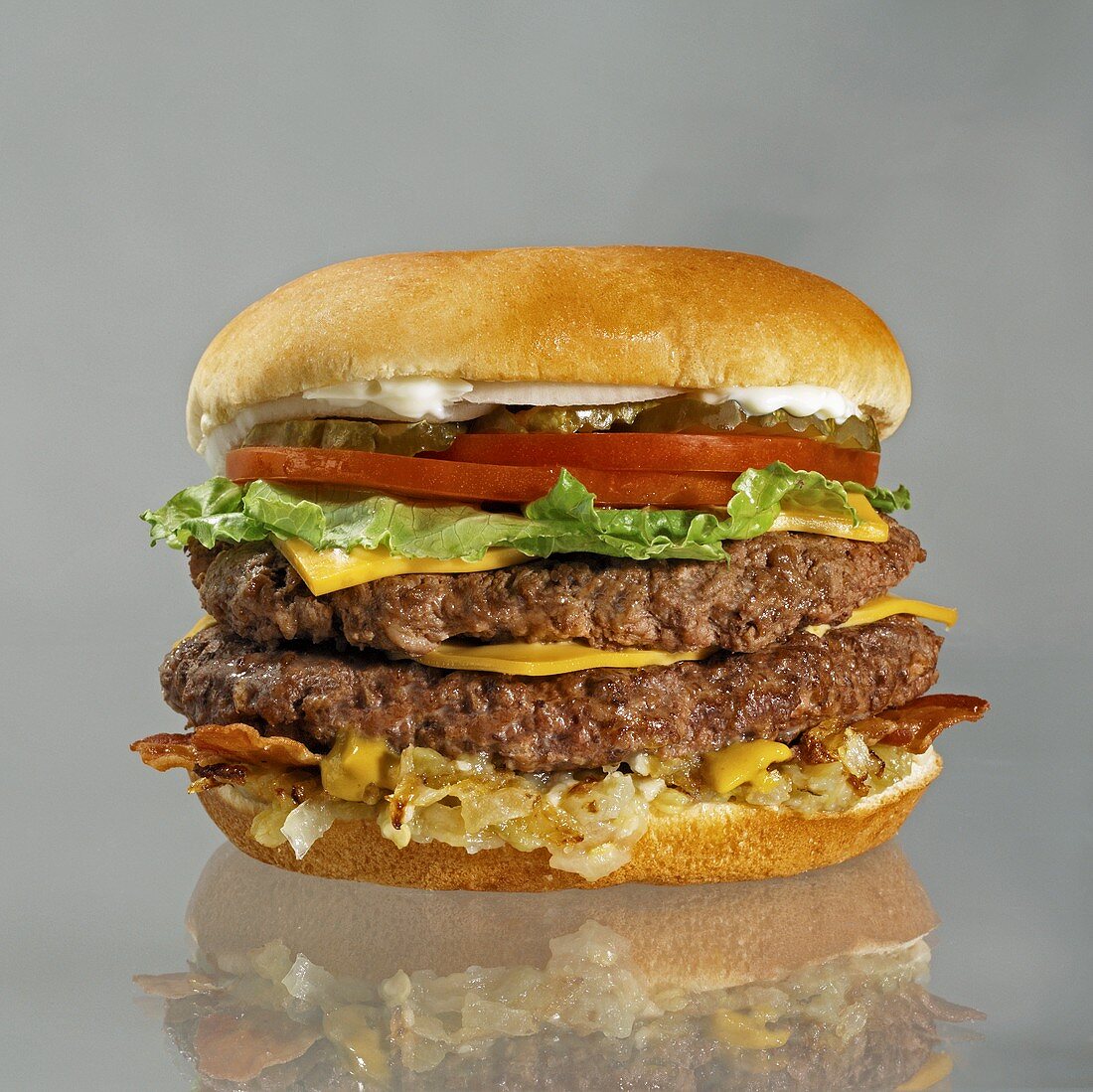 Double Cheeseburger with Bacon, Lettuce, Tomato and Pickles