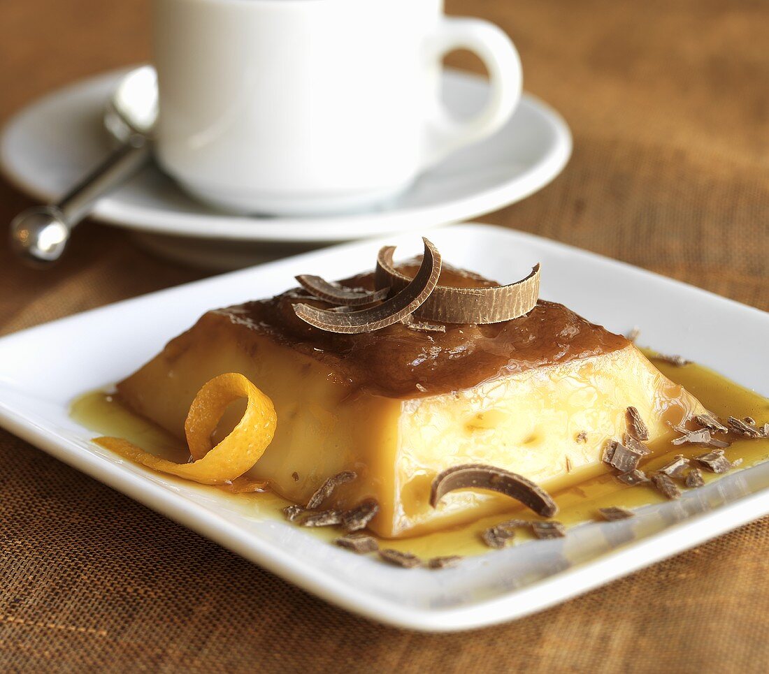 Flan with Chocolate Curls