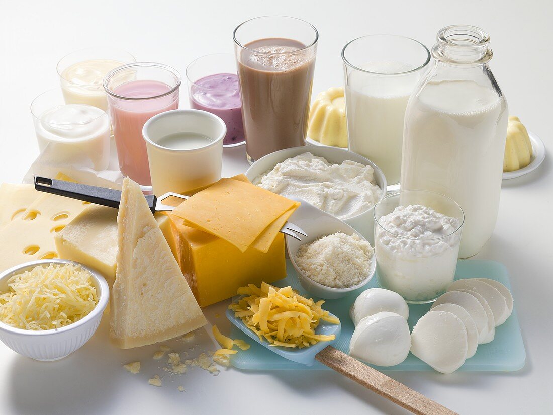 Verschiedene Milchprodukte, Milchshakes und Käsesorten