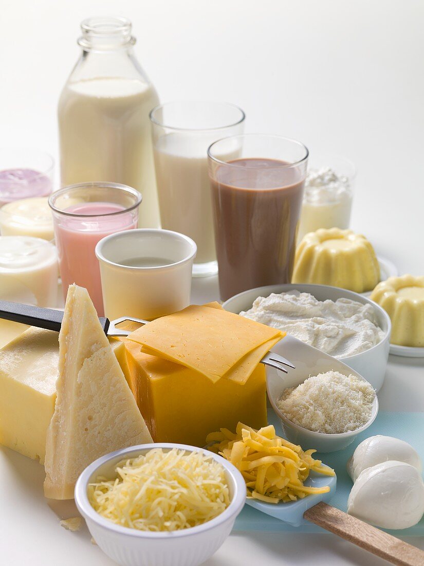 Various dairy products, milkshakes and cheeses