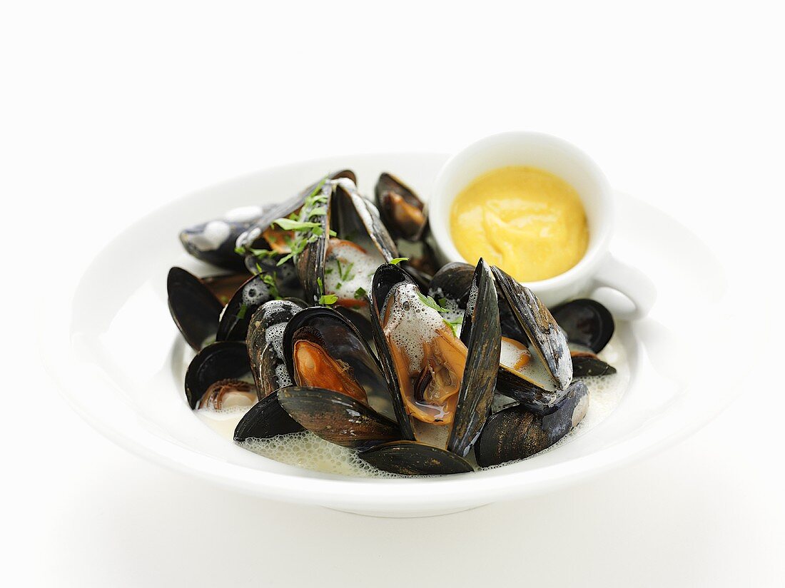 Steamed mussels with white wine sauce and dip