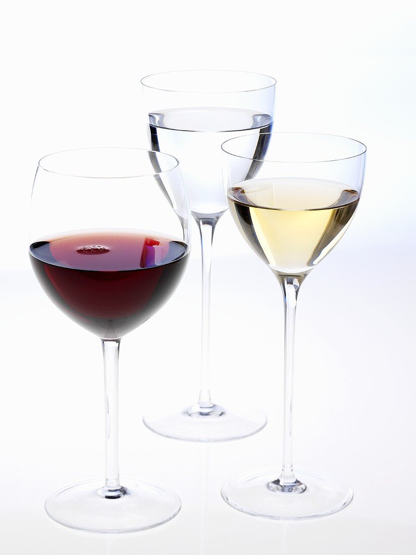 Glass of red wine, glass of white wine and glass of water