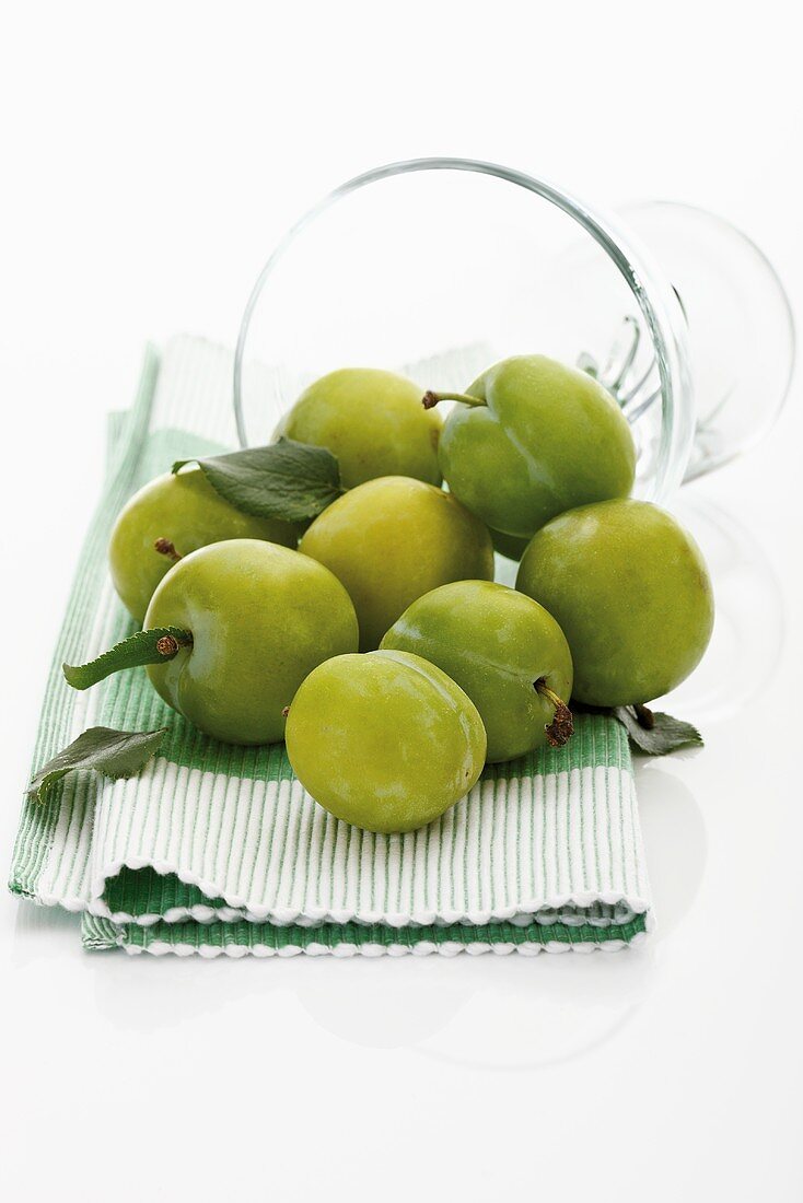 Several fresh greengages in front of upset glass