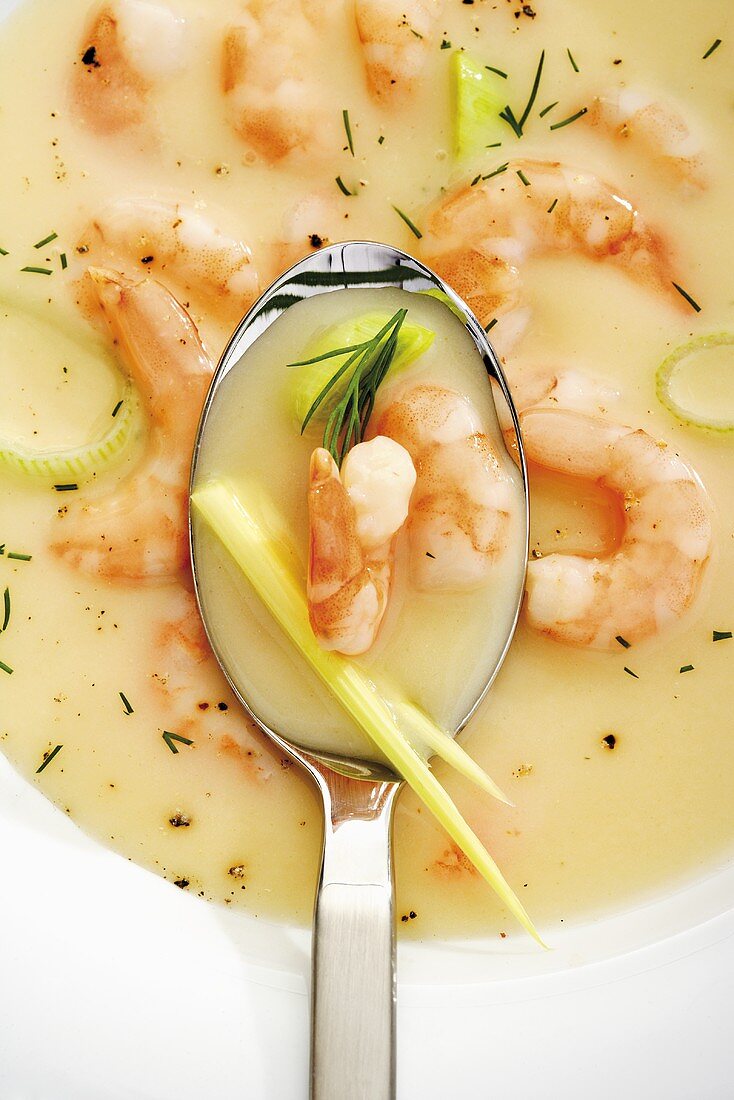 Prawn soup with leeks and dill (detail)